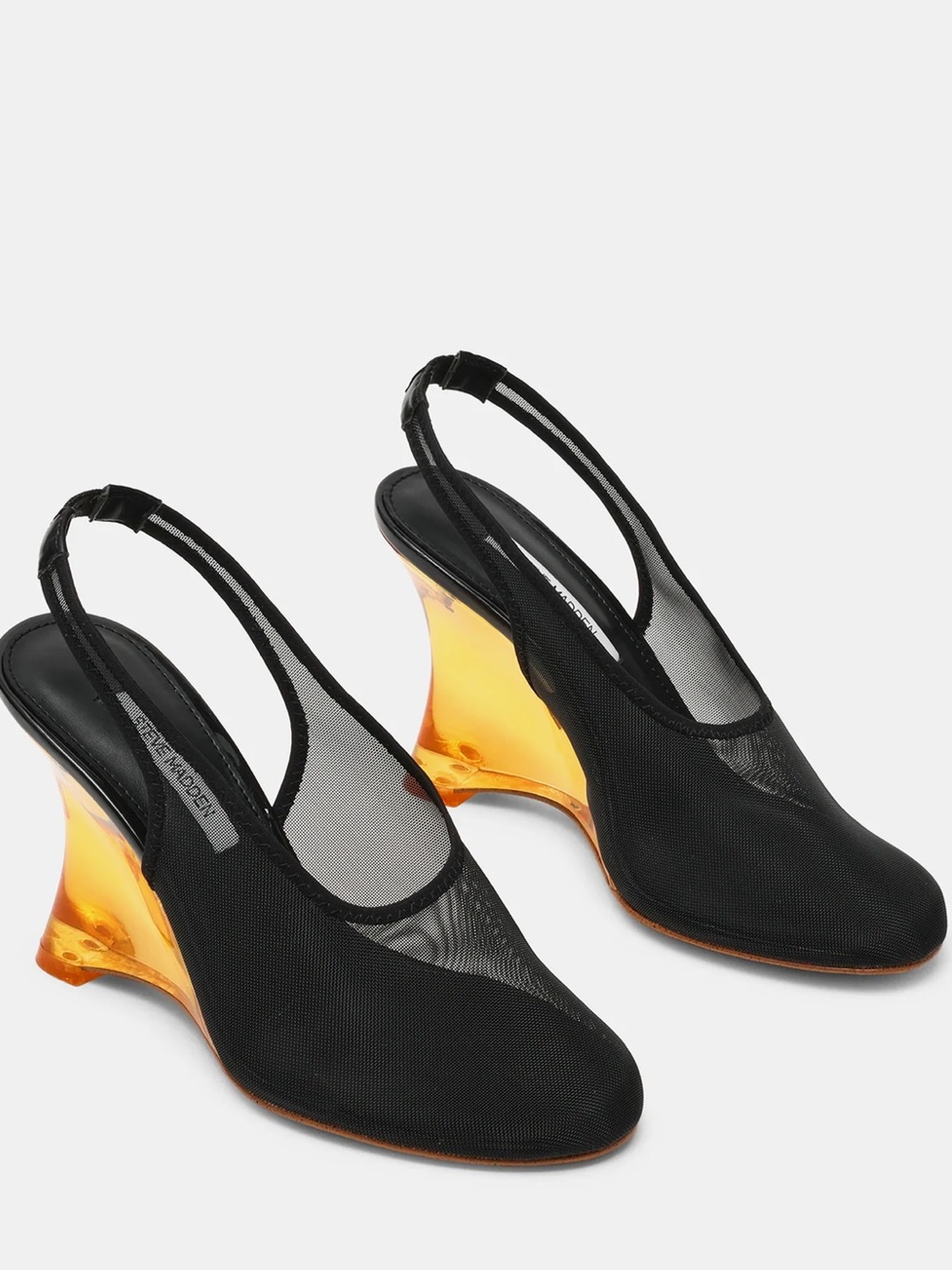 Steve Madden Black and Blue Mesh Slingback Heels with Amber Lucite Wedge